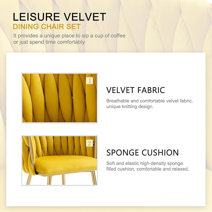 Nrizc Woven Dining Chairs Set of 4, Velvet Upholstered Dining Chairs with Gold Metal Legs, Modern Accent Chairs for Living Room, Dining Room, Kitchen (Yellow)