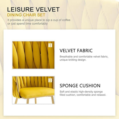 Nrizc Woven Dining Chairs Set of 4, Velvet Upholstered Dining Chairs with Gold Metal Legs, Modern Accent Chairs for Living Room, Dining Room, Kitchen (Yellow)