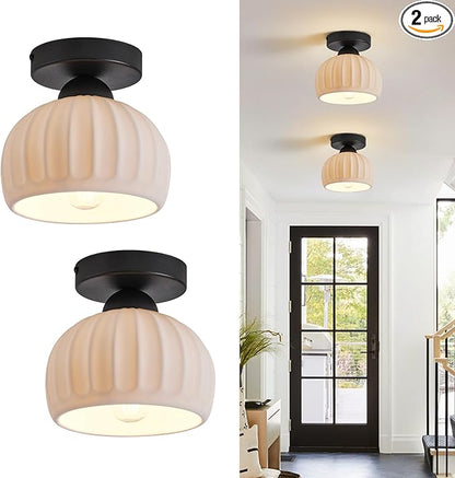 2 Pack Ceramic Semi Flush Mount Ceiling Light,Vintage Black Hallway Light Fixtures, White Globe Ceiling Lights,Mid Century Small Chandelier Light Fixture for Cottage Entryway Laundry Room Kitchen
