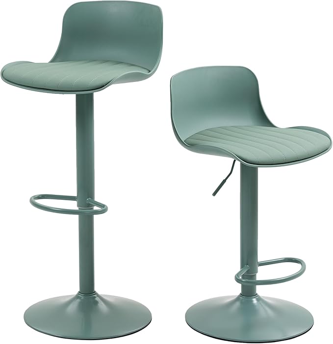Bar Stools Set of 2 with Backrest, Adjustable Height Upholstered Barstools, Swivel Leather Island Chairs, Modern Armless Stools for Bar, Kitchen Island, Dining Room (Mint Green)