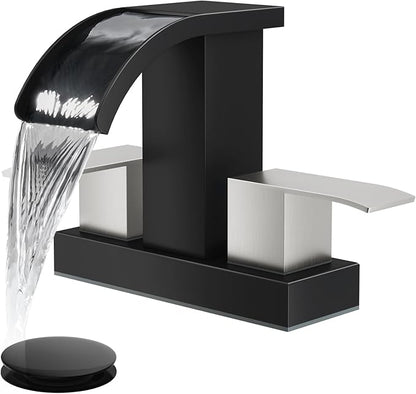 gotonovo Waterfall 4 Inch Centerset Bathroom Sink Faucet 2 Handle Basin Faucets 2 or 3 Hole Deck Mount with Pop Up Drain Included Lavatory Modern Mixer Tap Vanity Faucet Matte Black & Brushed Nickel
