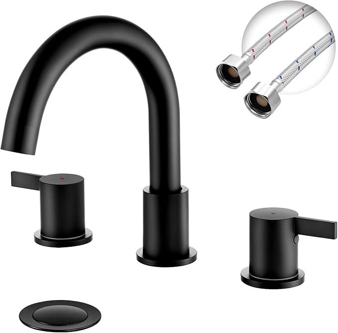 Two Handle 8inch Widespread Bathroom Faucet 3 Holes, Bathroom Sink Faucet with Metal Pop up Drain Assembly and cUPC Water Supply Lines, Black