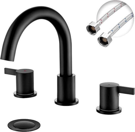 Two Handle 8inch Widespread Bathroom Faucet 3 Holes, Bathroom Sink Faucet with Metal Pop up Drain Assembly and cUPC Water Supply Lines, Black