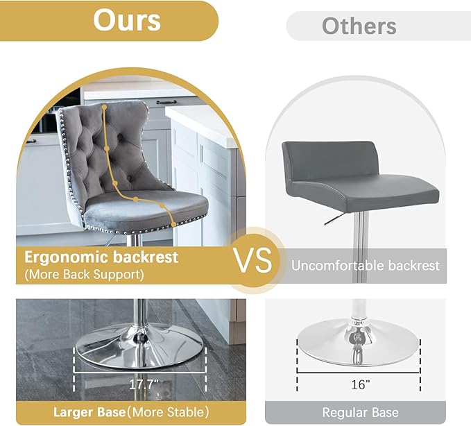 3 PCS Round Glass High Top Bar Table Set, Rustic Swivel Bar Stools Island Chair, Small Circle Pub Table & 2 Adjustable Velvet Counter Stools with Back (Silver Metal Leg, Clear Top + Grey Chair)
