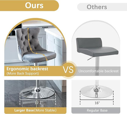 3 PCS Round Glass High Top Bar Table Set, Rustic Swivel Bar Stools Island Chair, Small Circle Pub Table & 2 Adjustable Velvet Counter Stools with Back (Silver Metal Leg, Clear Top + Grey Chair)