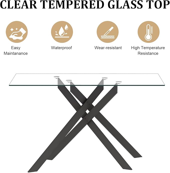 51inch Modern Dining Table for 4, Glass Kitchen Dining Room Table for 4, 0.32" Rectangular Tempered Glass Tabletop and Black Metal Legs,Rectangle Clear Glass Table for Kitchen, Dining Room