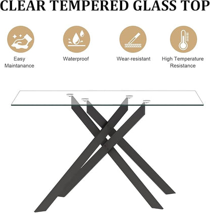 51.2" Glass Dining Table, Modern Kitchen Table for 4-6 People, Contemporary Rectangular Dining Room Dinner Tables with Clear Glass Top & Black Metal X Legs for Kitchen Apartment