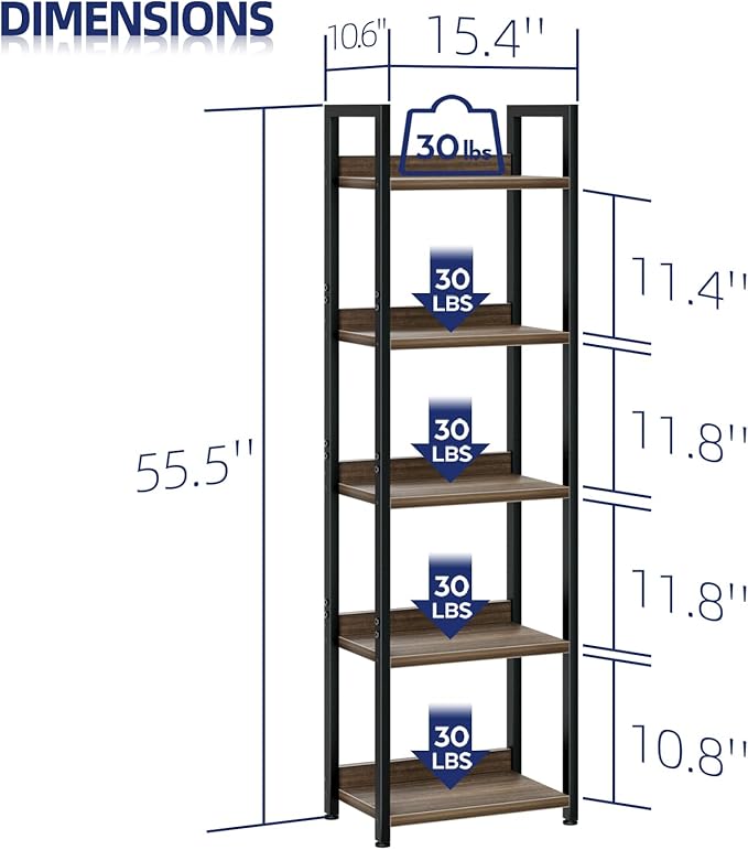 NUMENN Narrow Bookshelf, 5 Tier Bookshelves, Home Office Bookcase Shelf Storage Organizer, Free Standing Storage Shelving Unit for Bedroom, Living Room and Home Office, Dark Walnut