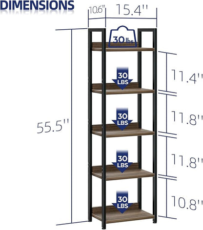 NUMENN Narrow Bookshelf, 5 Tier Bookshelves, Home Office Bookcase Shelf Storage Organizer, Free Standing Storage Shelving Unit for Bedroom, Living Room and Home Office, Dark Walnut
