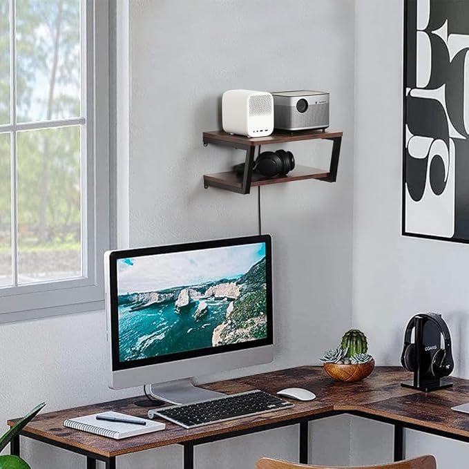 LUCKUP 2 Tier Floating AV Shelves Wall Mounted Projector Shelf Wooden Media Stand with Cable Relief Notch, Entertainment Center Metal Steel Frame