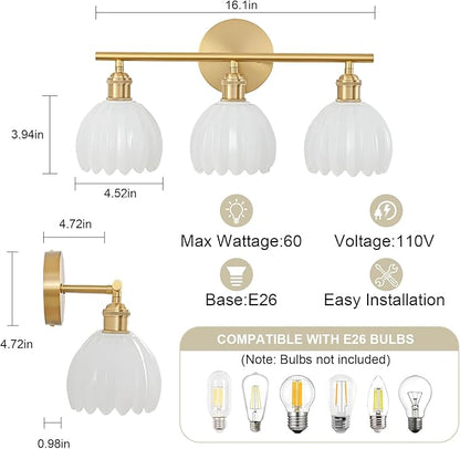 Gold Bathroom Light Fixtures Over Mirror, 3 Light Bathroom Vanity Light Fixture with Tulip Milk White Glass Lampshade, Vintage Vanity Lights for Bathroom, Bathroom Vanity Lights Over Mirror
