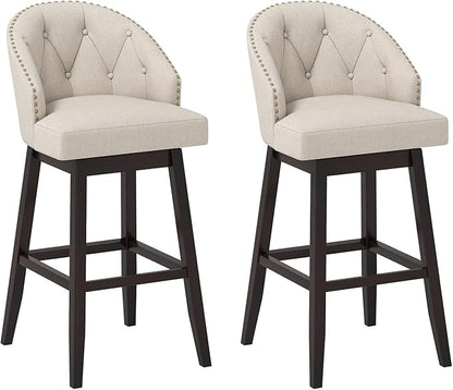 Giantex Modern Upholstered Bar Stools Set of 2, 31" Bar Height Swivel Kitchen Stools w/Button-Tufted Back, Rubber Wood Frame, Rivet Decoration, Linen Fabric Barstools for Counter Island, Cafe, Beige