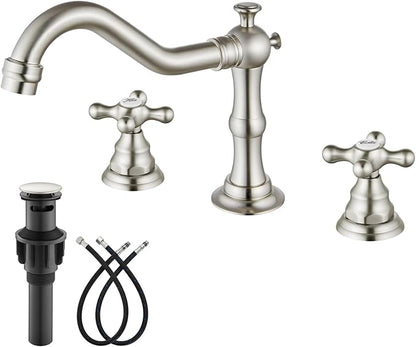 gotonovo Bathroom Faucet 3 Hole 8 Inch Widespread Bathroom Sink Faucet 2 Cross Handles Vintage Lavatory Vanity Mixer Tap with Pop Up Drain, Round Font Label, Brushed Nickel