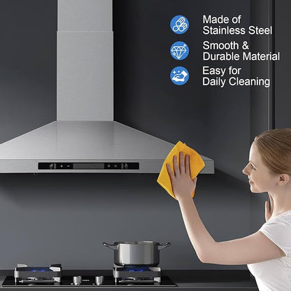 SNDOAS Wall Mount Range Hood 30 inch with Touch and Gesture Sensing Control,Chimney-Style Stainless Steel Range Hood,Vent Hood 30 inch Ducted/Ductless Convertible Kitchen Hood,Baffle Filters