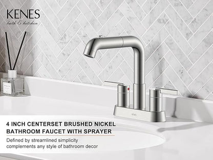 KENES Pull Down Bathroom Faucet with Sprayer, Brushed Nickel 4 Inch 2 Handle Centerset Bathroom Faucets 3 Hole with Pull Out Sprayer, Vanity Faucet with Pop Up Drain & Supply Lines LJ-9059A