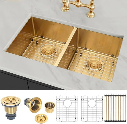 LQS Gold Kitchen Sink 31 Inch, Gold Double Kitchen Sink, Undermount Stainless Steel Sink 16 Gauge Top Grade, R10 Round Corner, X-Shaped Drain Line and Equipped with Roll-Up Dish Rack for Drying