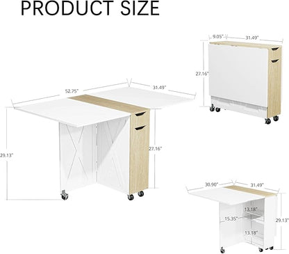 3imothrix Folding Dining Table, Small Dining Table, Space Saving Dining Table with 6 Wheels, Kitchen Table Sewing Table for Small Spaces (White)