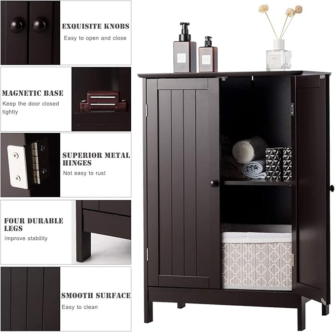 LDAILY LUARANE Bathroom Floor Cabinet, Wooden Floor Storage Cabinet with Double Doors, Simple Double Storage Cabinet, Suitable for Kitchen, Bathroom, 23.5 x 14 x 34 inches (Brown)