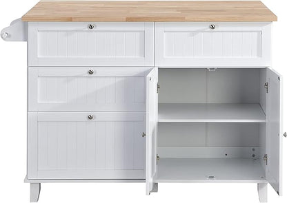 Kitchen Island Set with Drop Leaf and 2 Seatings, Dining Table Set with Storage Cabinet, Drawers and Towel Rack, Suitable for Kitchens, Dining Rooms (White+Rustic Brown@d)