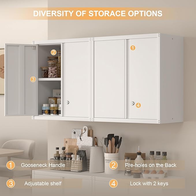 IRONFFICE Wall Cabinet,Metal Storage Cabinet with 2 Doors,Locking Wall Cabinets for Office,Home,White
