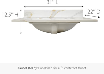 Design House Calesco Calacatta Quartz Bathroom Vanity Top, White with Taupe and Grey Veining, Pre-Mounted White Bowl, 31 in L x 22 in W x 12.5 in H, with Backsplash, 4 in Center Set, 227900-CC-CC