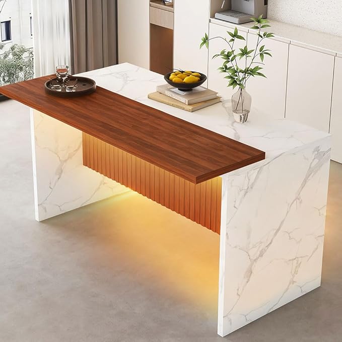 63" Large Imitation Marble Dining Table with LED Lights, Modern Kitchen Island Table for 4–6 People, Bar Height Dining Table with Marble Stripes & Grille Base Design,White
