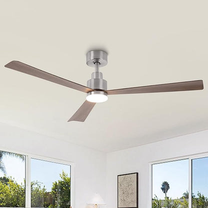 52" Nickel Ceiling Fan with Light and Remote, Modern 3-Blade DC Motor Ceiling Fan, Quiet Reversible Airflow, 6-Speed LED, Use for Bedroom Living Room Kitchen Indoor Use