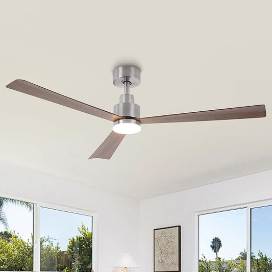 52" Nickel Ceiling Fan with Light and Remote, Modern 3-Blade DC Motor Ceiling Fan, Quiet Reversible Airflow, 6-Speed LED, Use for Bedroom Living Room Kitchen Indoor Use