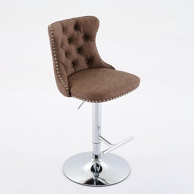 Swivel PU Leather Adjusatble Seat Height from 25 33 Inch, Chrome Base Bar Stools with Backs Comfortable Tufted for Home Pub and Kitchen Island, Beige,Set of 2,1512BR