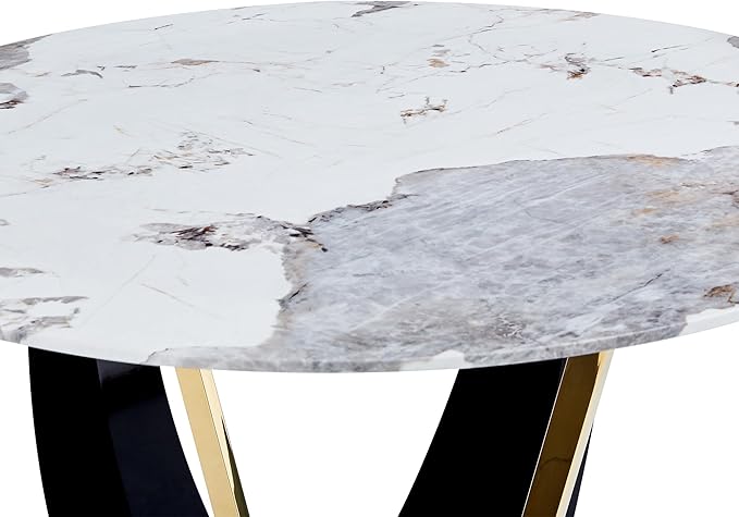 JUFU Round Dining Table for 4/6, 48 Inch Faux Marble Look Dining Room Table, Black Kitchen Table with Stable Pedestal, Modern Glass Dining Table for Kitchen,Living Room,Apartment,Restaurant