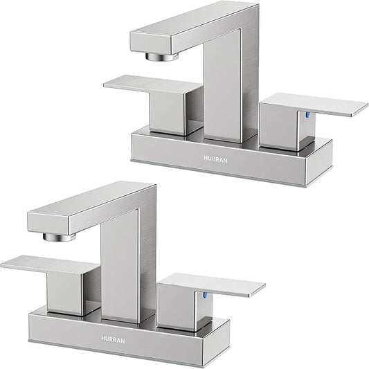 Bathroom Sink Faucet, Hurran 4 inch Brushed Nickel Bathroom Faucets for Sink 3 Hole with Pop-up Drain and Supply Lines, Stainless Steel 2-Handle Faucet for Vanity RV Restroom, 2 Pack