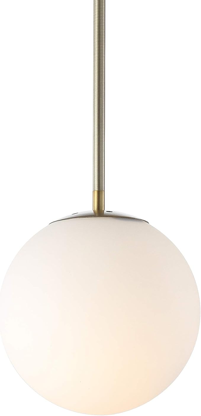 JONATHAN Y 7.75" White/Brass Gold Modern Globe LED Pendant Light, Industrial Hanging Ceiling Lamp for Kitchen Island, White Glass Globe Shade, LED Bulb Included JYL9528A