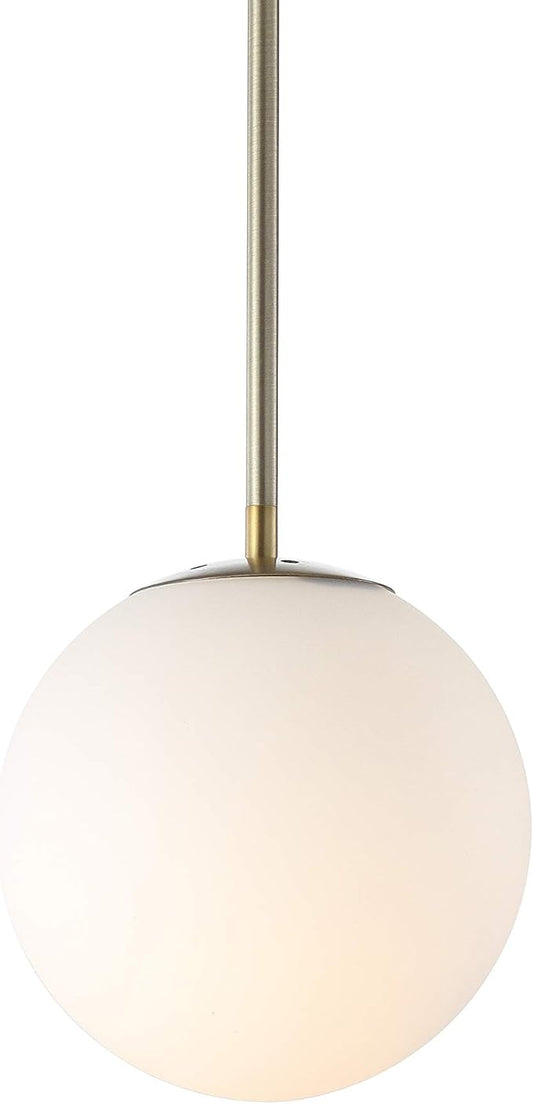 JONATHAN Y 7.75" White/Brass Gold Modern Globe LED Pendant Light, Industrial Hanging Ceiling Lamp for Kitchen Island, White Glass Globe Shade, LED Bulb Included JYL9528A