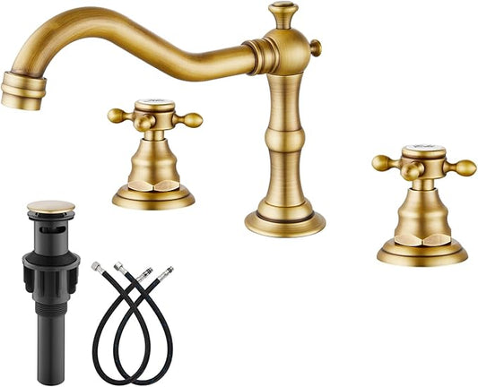 gotonovo Bathroom Faucet 3 Hole 8 Inch Widespread Bathroom Sink Faucet 2 Cross Handles Vintage Lavatory Vanity Mixer Tap with Pop Up Drain, Round Font Label, Antique Brass