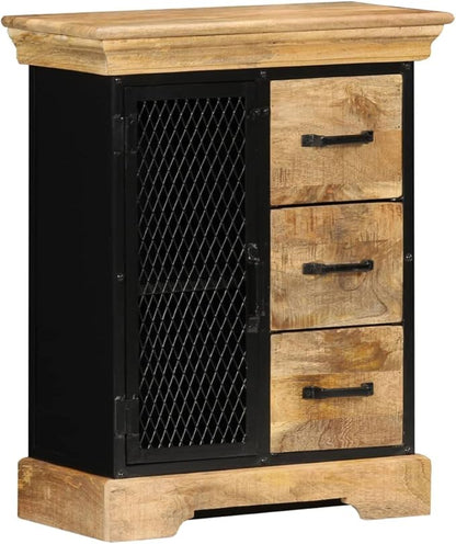 Solid Mango Wood Sideboard Cabinet, Brown and Black Industrial Finish, 23.6" Living Room Buffet with Storage, Polished Lacquered Surface Kitchen Furniture