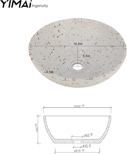 YIMAI Terrazzo Vessel Sink with Faucet and Drain, 15.7" Round Concrete Bathroom Sink Above Counter, Modern Artisanal Wash Basin Bowl with Matte Finish, Easy Install Combo Set for Vanity