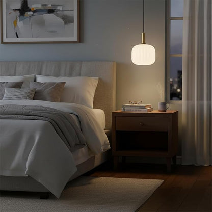 Plug in Pendant Light with Cord, 9.8" Milk Glass Hanging Light Fixture, White Ribbed Globe Swag Lamp with On/Off Switch, Mid-Century Modern Hanging Lamp for Bedroom, Kitchen, Dining Room