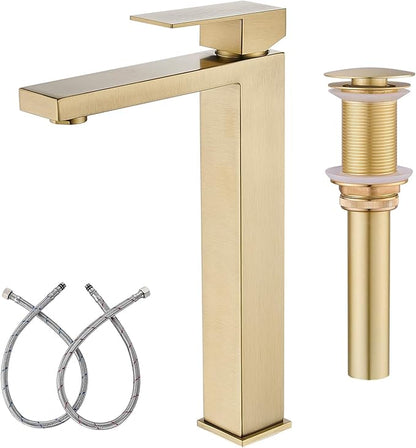 AVSIILE Brushed Gold Vessel Sink Faucet, 1 Hole Single Handle Tall Bathroom Vanity Faucets, Modern Utility Rv Laundry Bath Restroom Mixer Tap with Metal Pop Up Drain and 2 Water Supply Lines