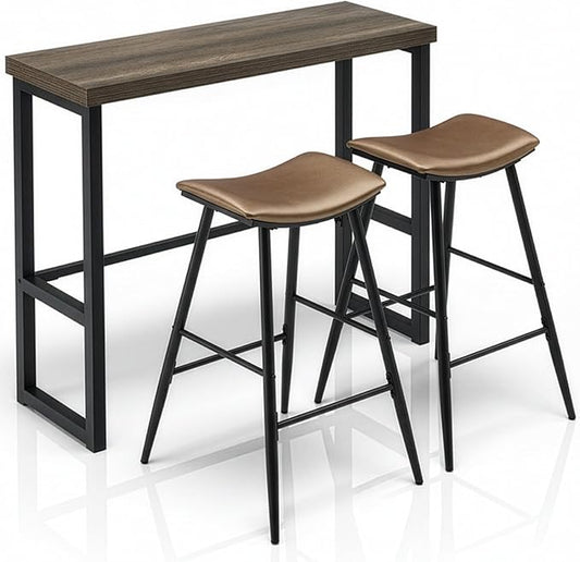 Bar Table and Chairs Set for 2, 47.2" Counter Height Bar Table with 2 PU Curved Saddle Seat Stools, Industrial Brown Kitchen Bar Dining Set with Iron Frame (Gray)