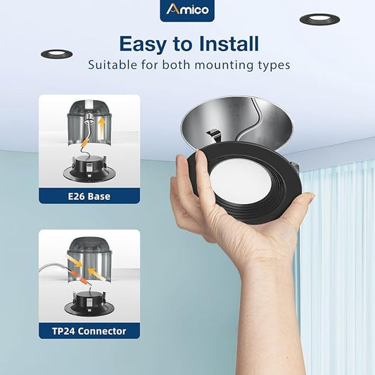 Amico 4 Pack 4 inch 5CCT LED Recessed Lighting, Dimmable, 8.5W=60W, 650LM, 2700K/3000K/4000K/5000K/6000K Selectable, Retrofit Can Lights with Baffle Trim, IC Rated - ETL & FCC, Black
