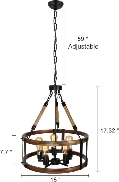 Rustic Wood Chandelier for Dining Room 5-Light, Kitchen Island Industrial Pendant Light Vintage Hanging Dining Room Farmhouse Light Fixtures
