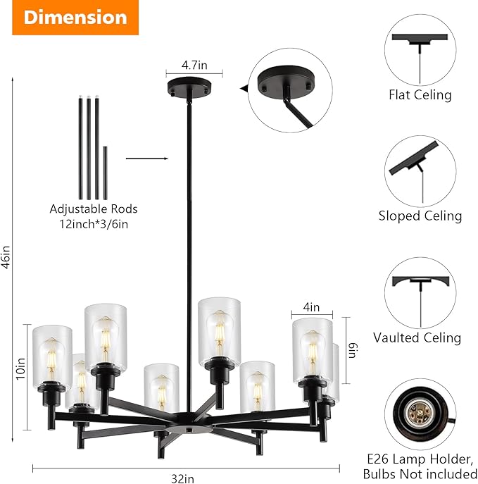 9MMML Farmhouse 8-Light Glass Chandelier, Modern Black Chandelier for Kitchen Dining Room Light Fixture Over Table, Industrial Chandelier for Living Room, Foyer, Entryway, E26 Bulb Base