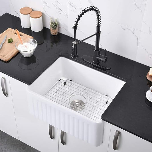 24 Inch Small White Farmhouse Sink-Bokaiya 24x18 Fireclay Farmhouse Sink Apron Front Porcelain Ceramic Single Bowl White Kitchen Sink with Dish Grid and Roll Up Rack
