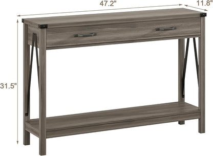 ChooChoo 47'' Farmhouse Console Table with Drawer, Entryway Table with Storage Shelf, Rustic A-Design Sofa Table for Hallway, Entrance, Living Room, Grey