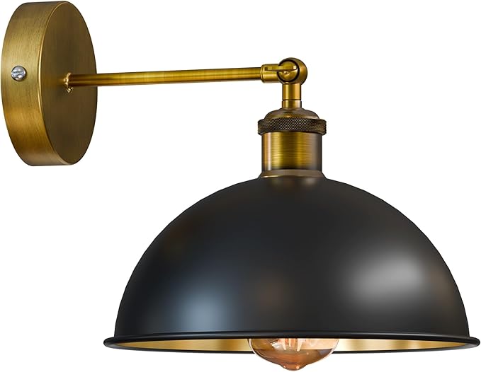 Dome Metal Wall Sconce, 180° Adjustable Industrial Wall Lamp for Bedside, Study, Kitchen, and Living Room Decor. (Black Inner Gold.)