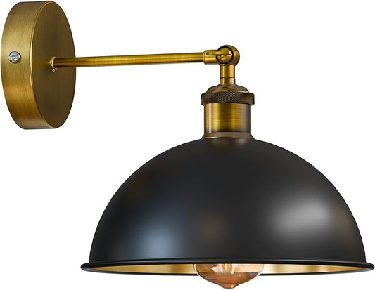 Dome Metal Wall Sconce, 180° Adjustable Industrial Wall Lamp for Bedside, Study, Kitchen, and Living Room Decor. (Black Inner Gold.)