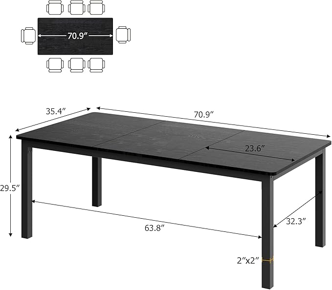 GarveeHome 70.8 in Industrial Dining Table for 6, Wooden Long Dinner Table with Mortise Tenon Design, Kitchen Table with Sturdy Metal Legs, for Dining Room Home Office Living Room, Black