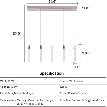 Modern Pendant Lights Kitchen Island,Brushed Nickel Crystal Chandelier Lights, Switch 3000-4000-6000K Dimmable Kitchen Pendant Lighting for Kitchen Island, Dining Room, Bar Counter