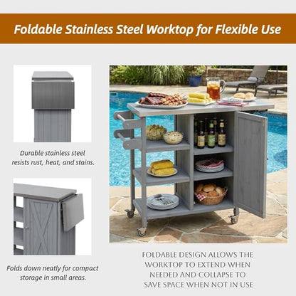 MERITLINE Foldable Outdoor Kitchen Island with Stainless Steel Top, Lockable Rolling Casters & Towel Rack, Mobile BBQ Prep Cart with Open Shelves and Hidden Cabinet for Patio, Balcony, Grey