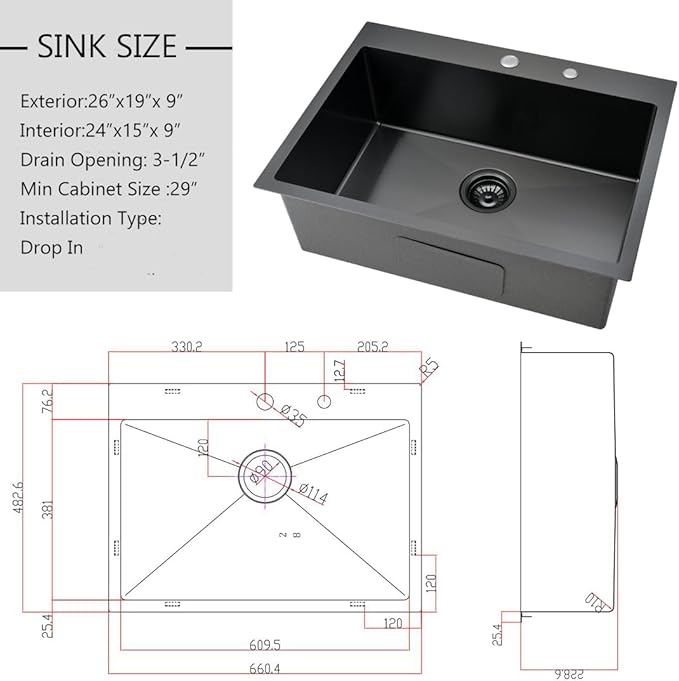 26 inch Black Drop in Kitchen Sink - VOKIM 26"x 19" Inch Drop in sink Stainless Steel Single Bowl top mount Sink With Dish Grid